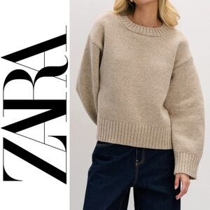 Zara Wool Blend Oversized Crew Neck Sweater, beige